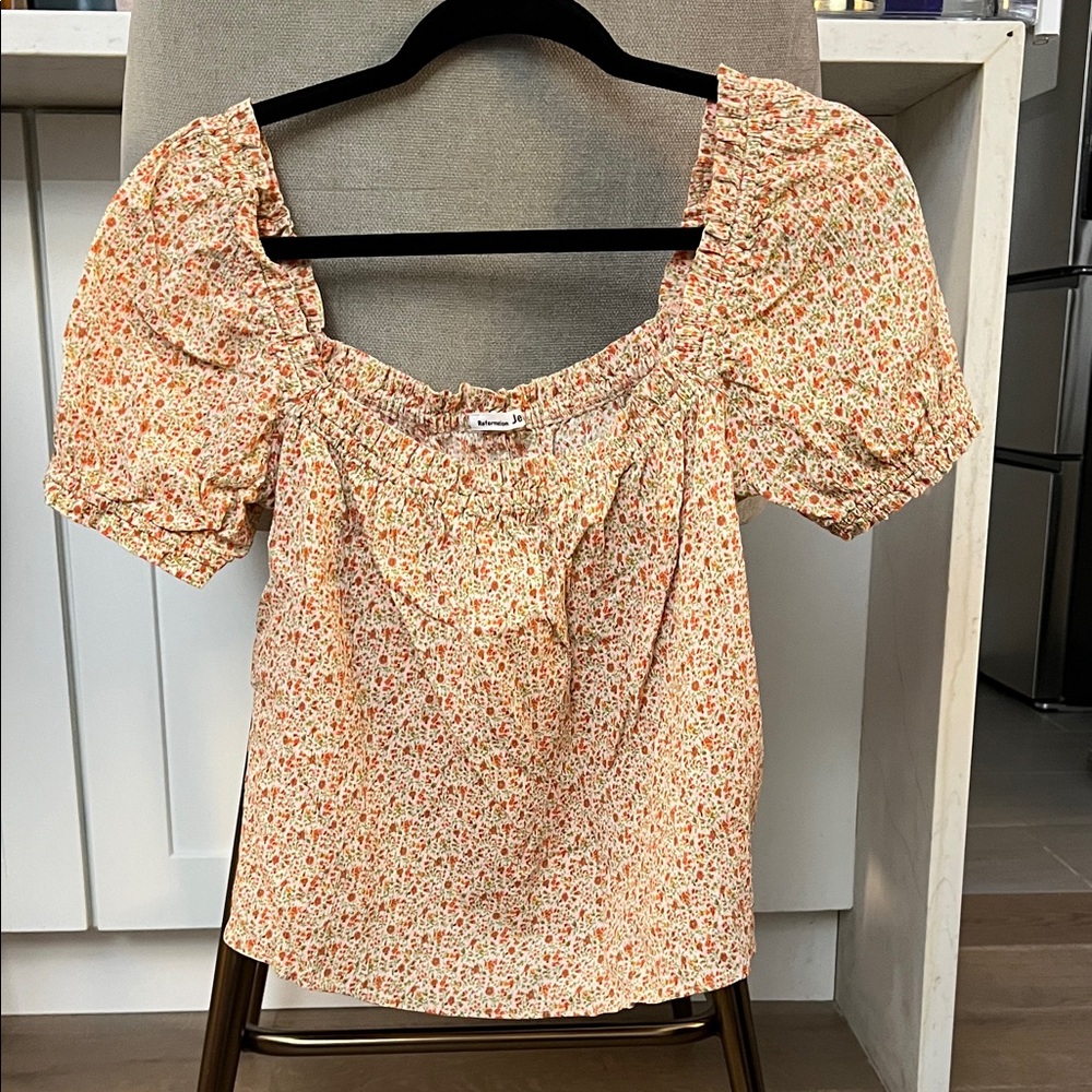 Reformation Floral Print Puff Sleeve Blouse - Cream and Orange